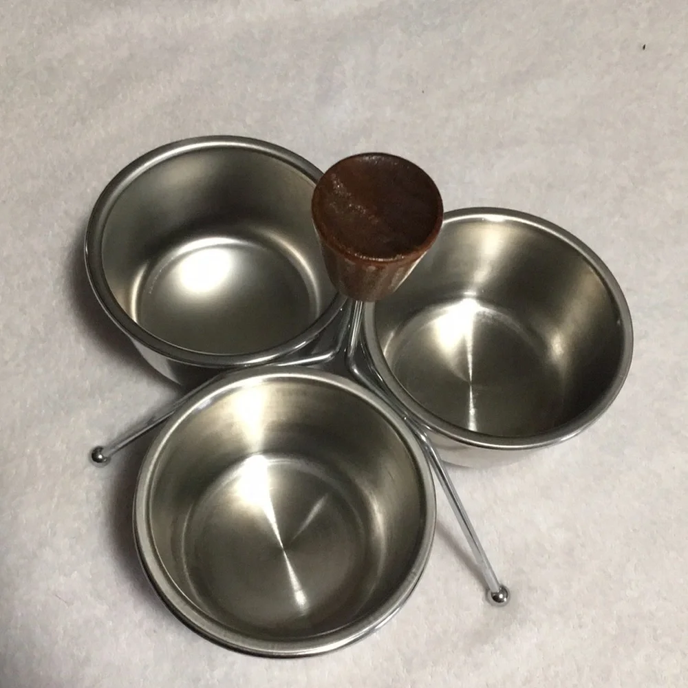 Condiment tray w/bowls. Wooden knob stainless bowls Mid Century Modern vintage